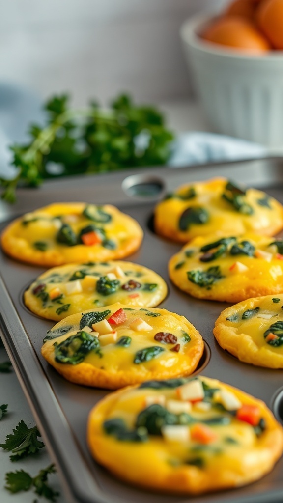 Savory egg muffins with spinach and bell peppers in a muffin tin.