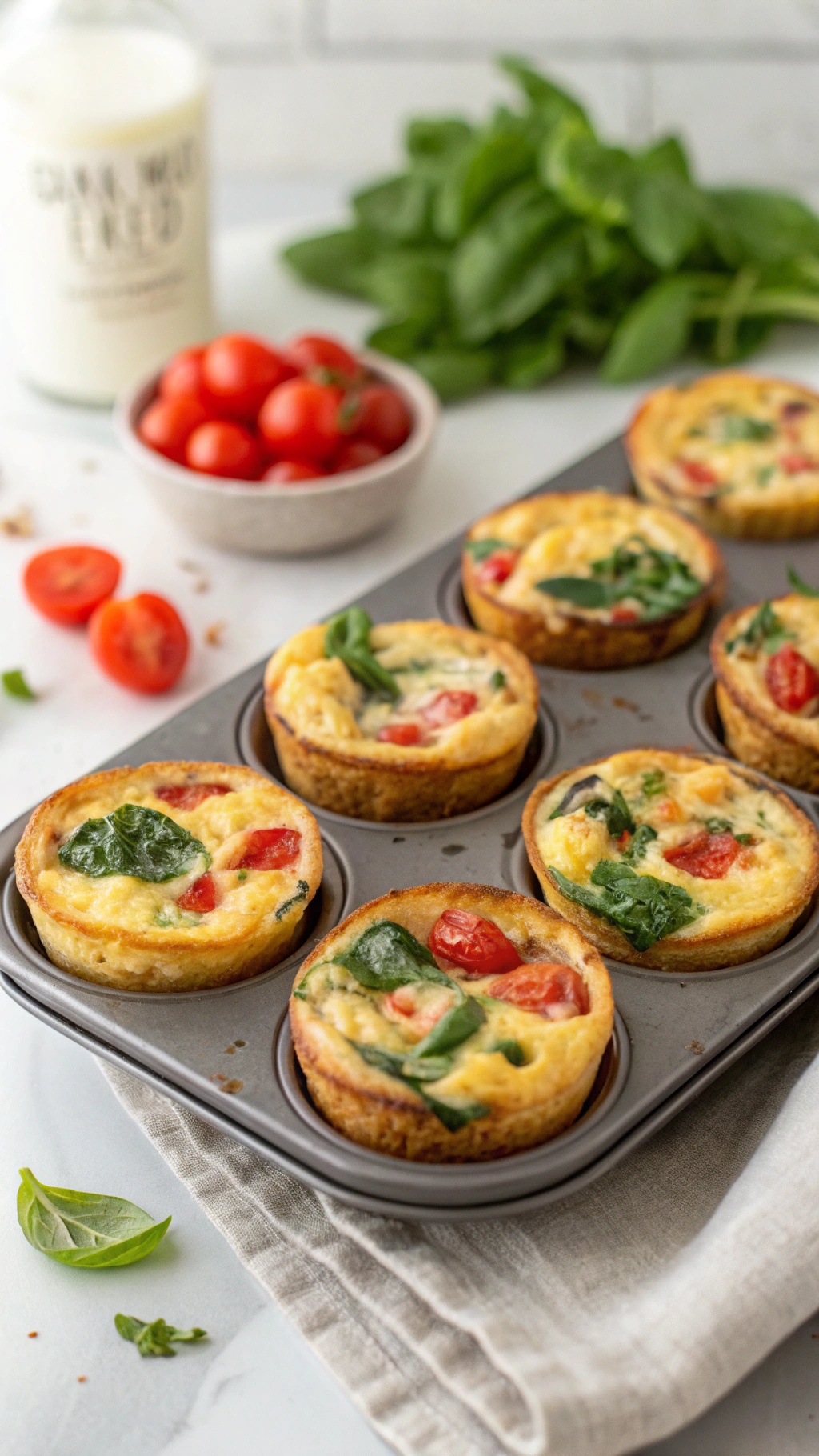 Savory egg muffins with spinach and cherry tomatoes in a muffin tin.