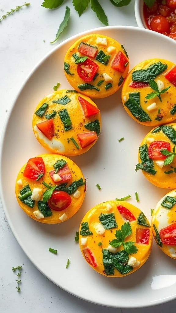 Savory egg muffins with spinach, tomatoes, and cheese on a plate.