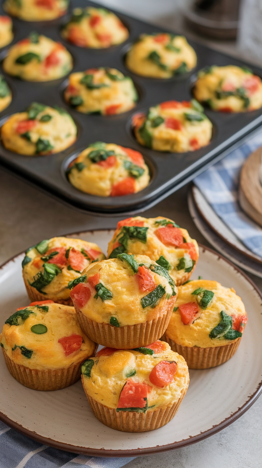 Savory egg muffins with vegetables, including spinach and red bell pepper, displayed on a plate.