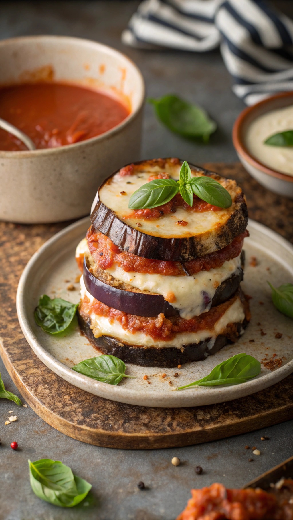 A plate of eggplant parmesan stacks with marinara sauce and fresh basil
