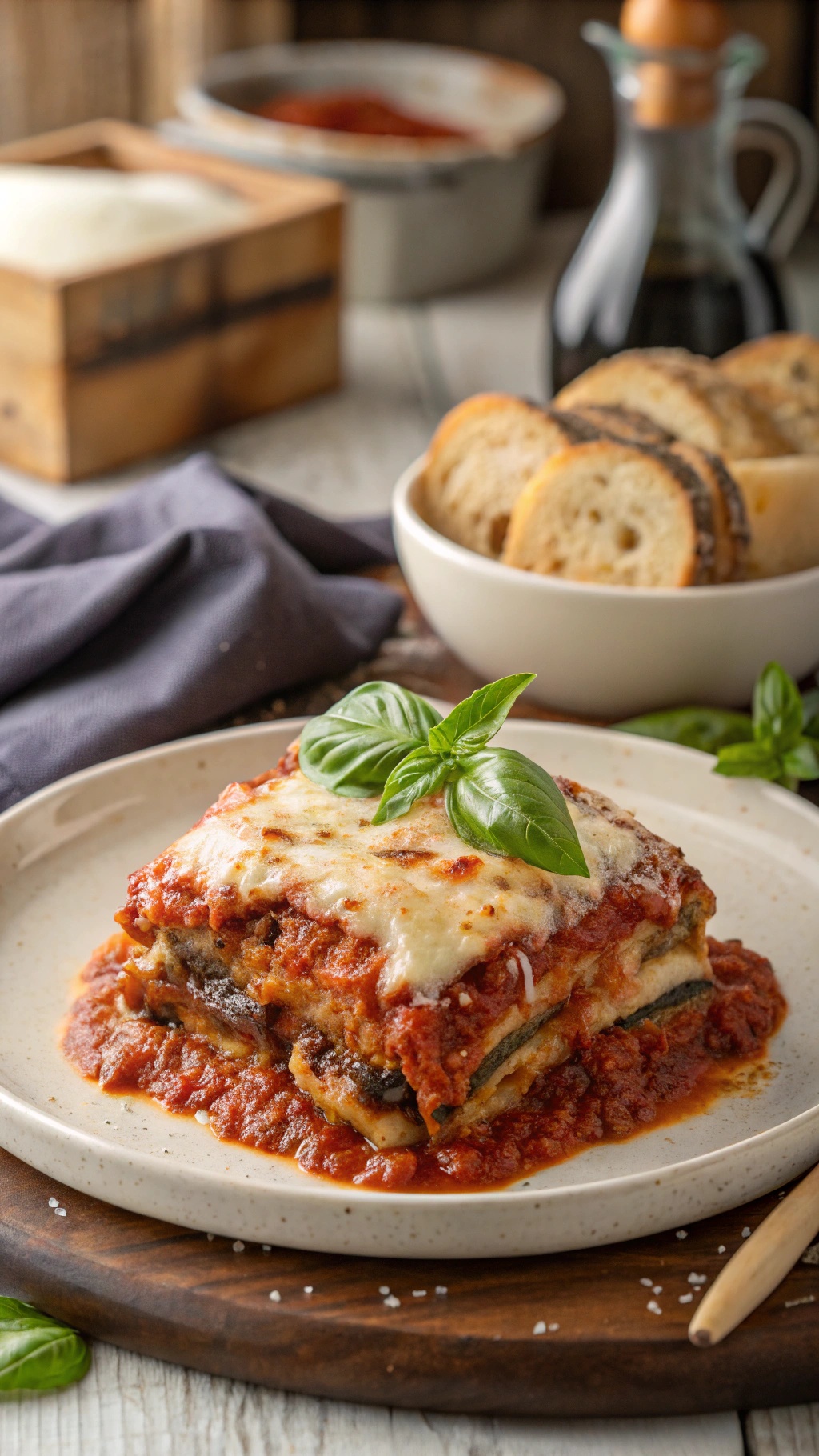A delicious serving of eggplant parmesan topped with fresh basil and marinara sauce.