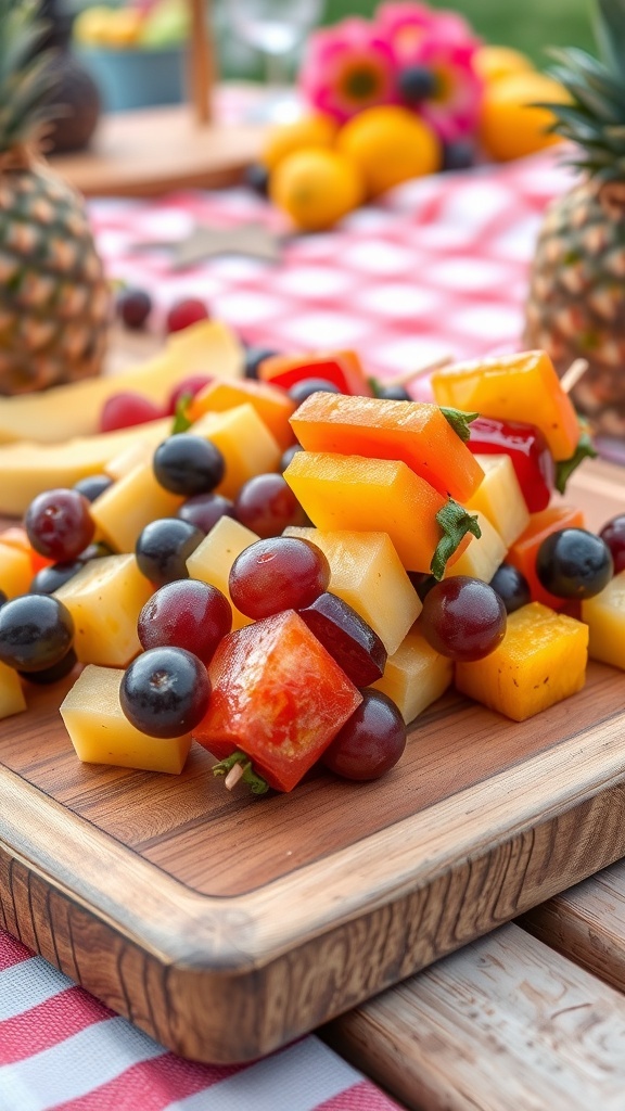 Colorful fruit skewers with pineapple, watermelon, cantaloupe, and grapes on a wooden platter.