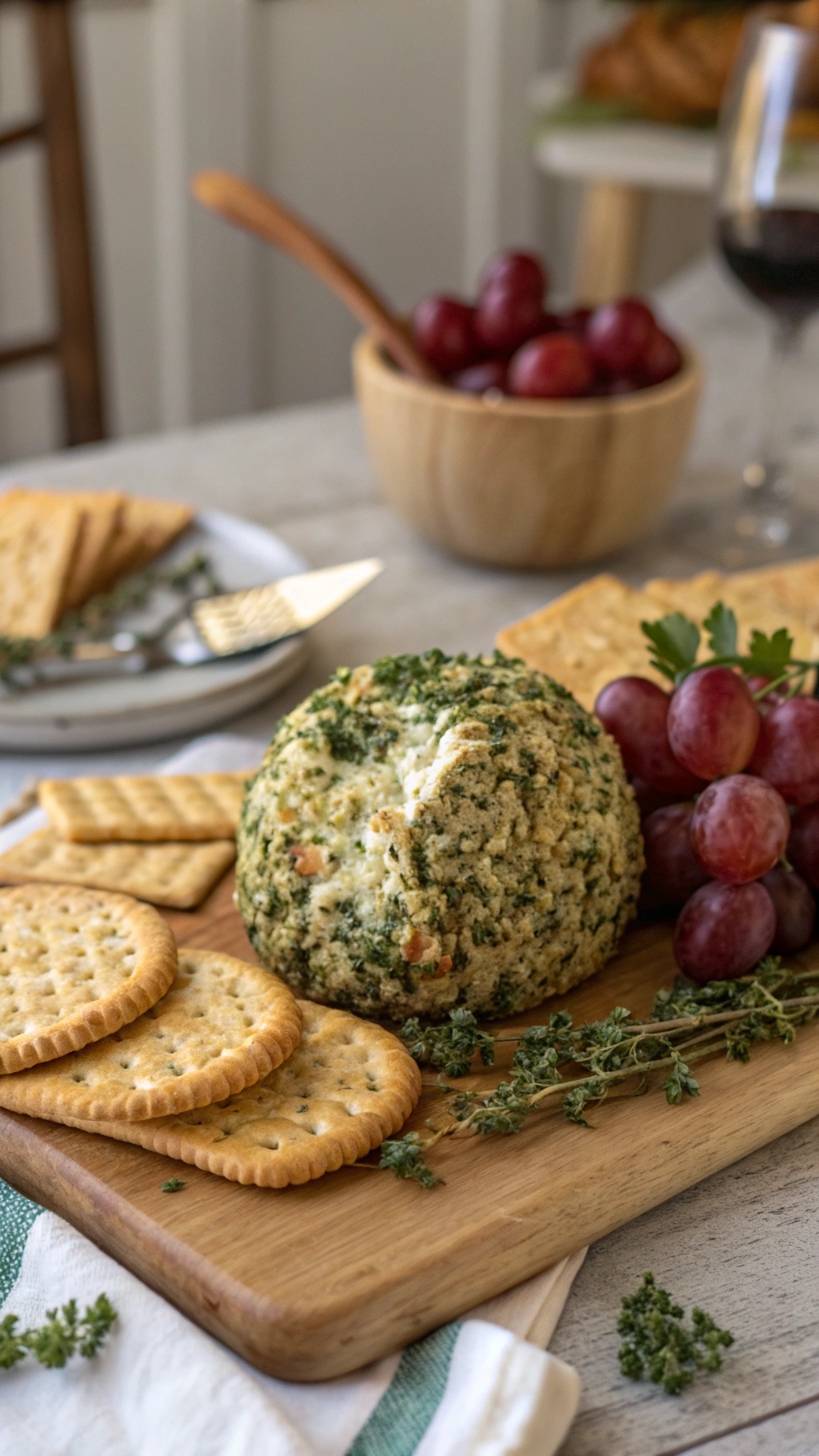 A savory garlic and herb cheese ball surrounded by crackers and grapes on a wooden platter.