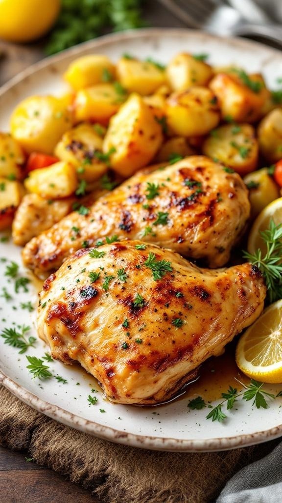 Savory garlic and herb chicken thighs served with roasted potatoes and lemon wedges.