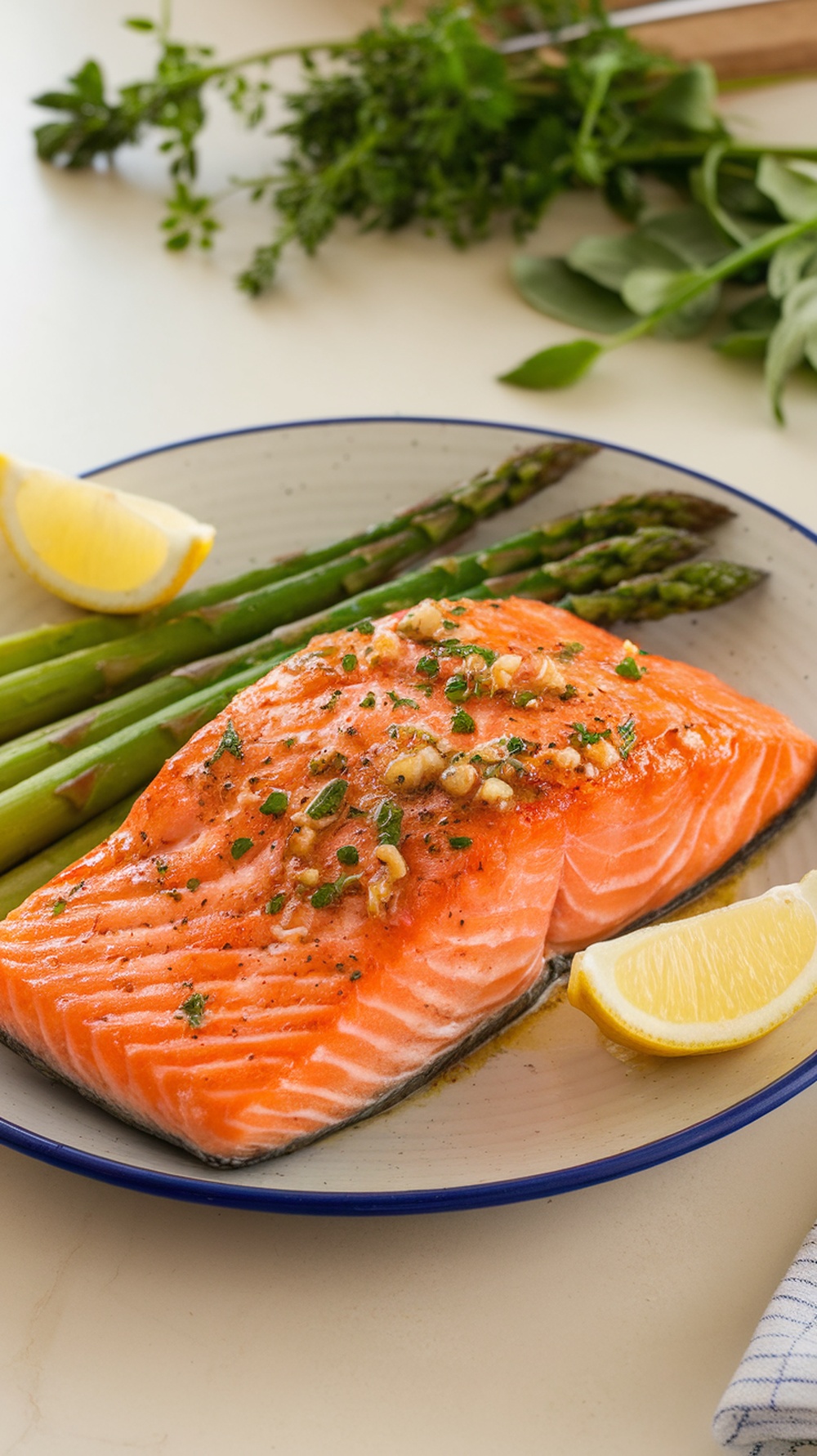 A plate of garlic butter salmon with asparagus and lemon wedges.