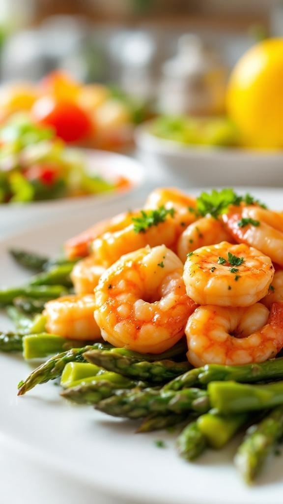 Garlic butter shrimp served with asparagus on a plate.