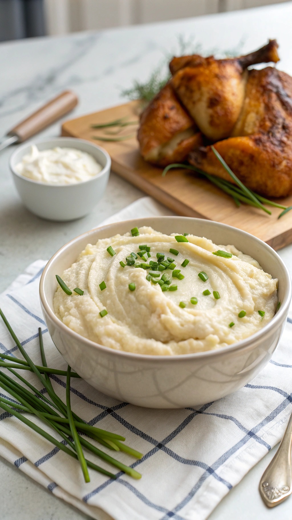 A bowl of creamy garlic mashed cauliflower topped with chives, next to a roasted chicken.