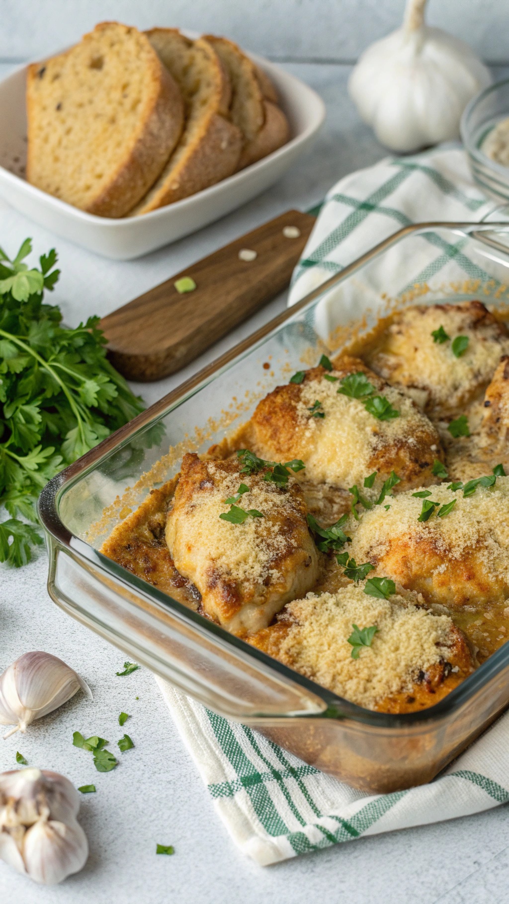 Savory Garlic Parmesan Chicken Bake with garlic cloves and bread on the side