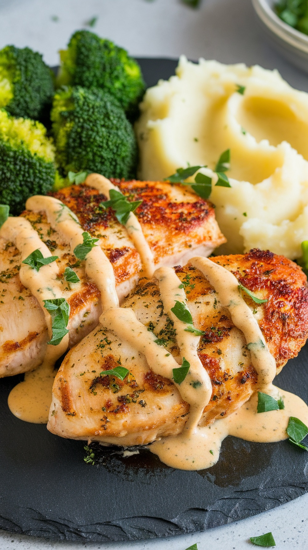 Savory garlic parmesan chicken served with broccoli and mashed potatoes