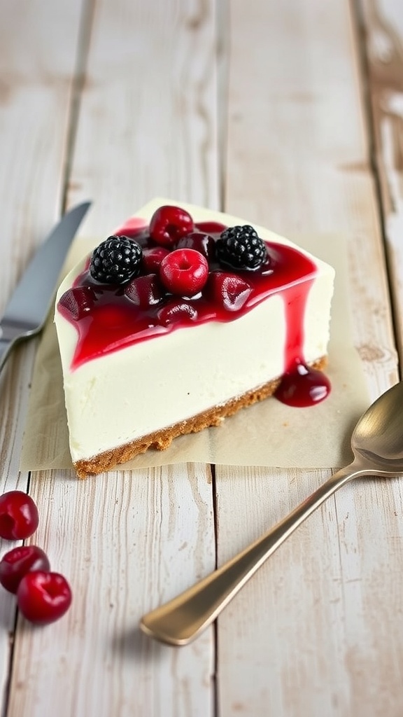 A slice of Greek yogurt cheesecake topped with berries and cherry sauce on a wooden table.