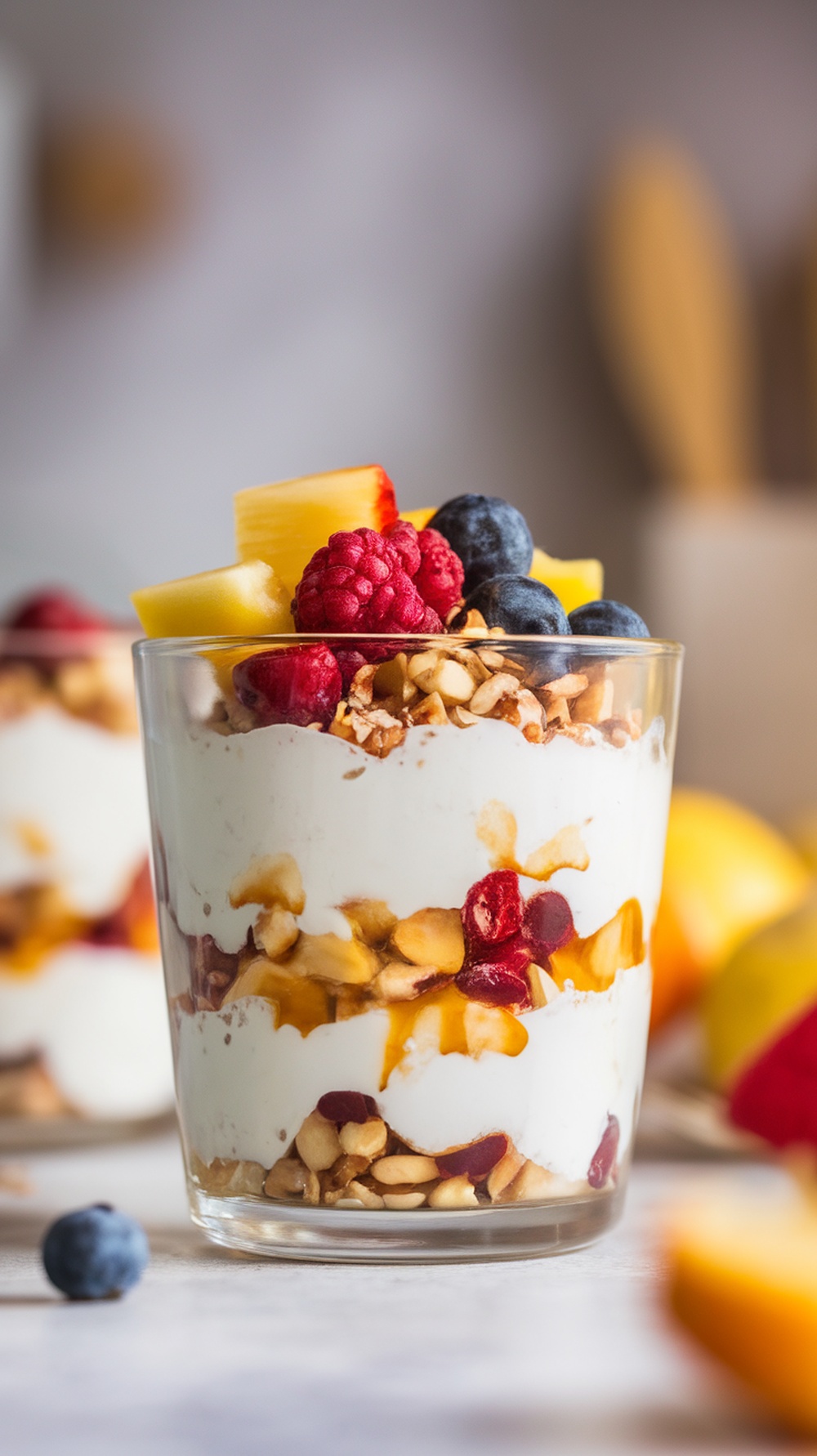 A savory Greek yogurt parfait layered with nuts, honey, and fresh fruits in a clear glass.
