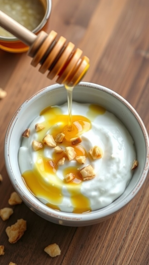 A bowl of Greek yogurt topped with honey and chopped nuts, with a honey dipper resting on the side.