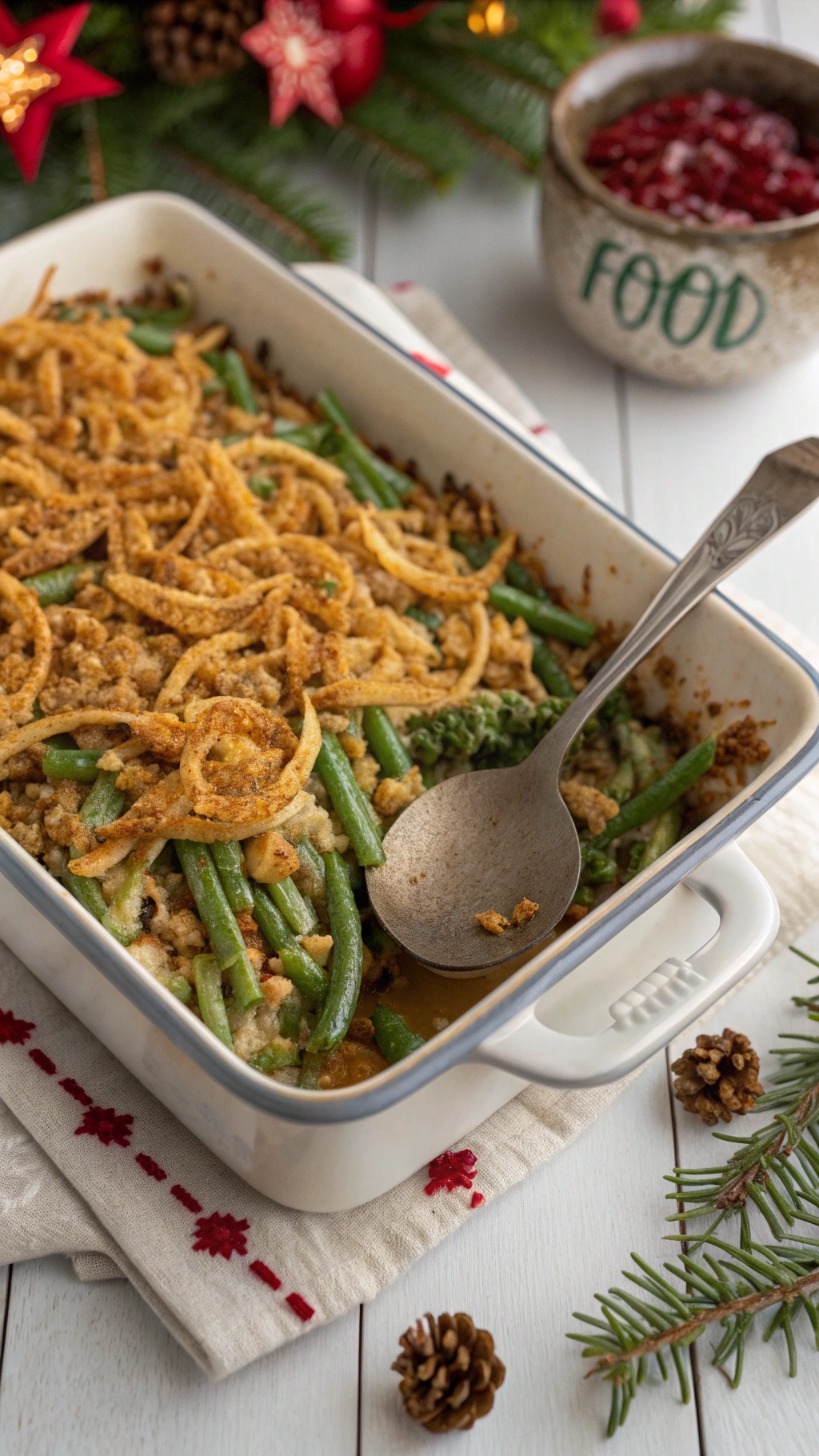 A green bean casserole topped with crispy fried onions, set on a festive table with holiday decorations.