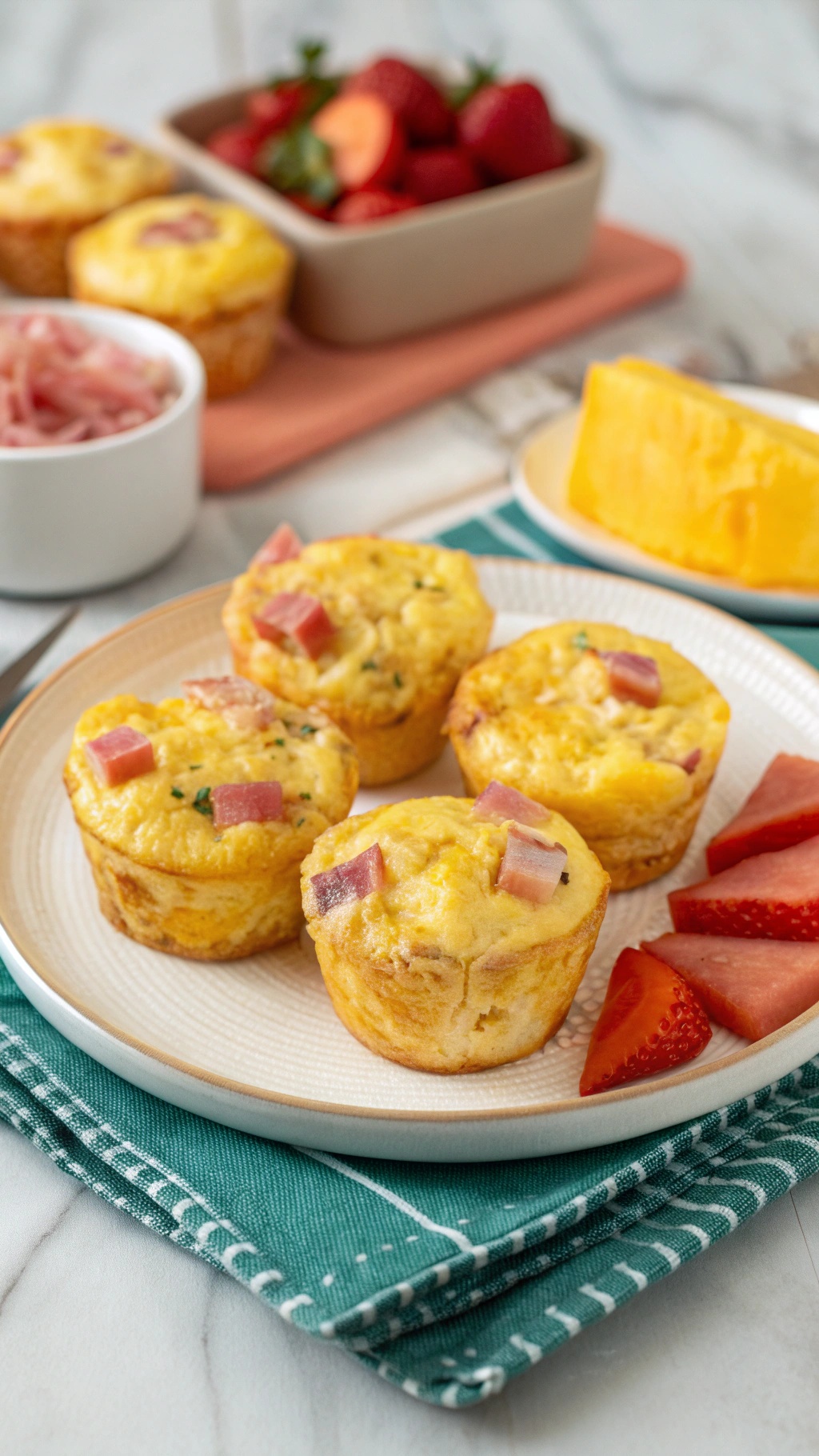Savory ham and cheese egg muffins served with strawberries
