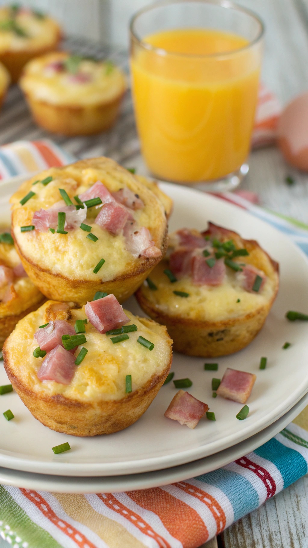 Savory ham and cheese egg muffins on a plate with a glass of orange juice