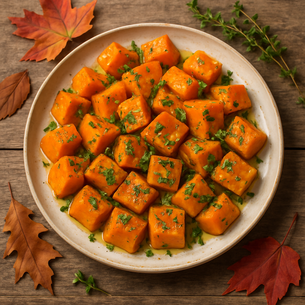 A beautifully roasted butternut squash garnished with herbs, surrounded by autumn leaves.