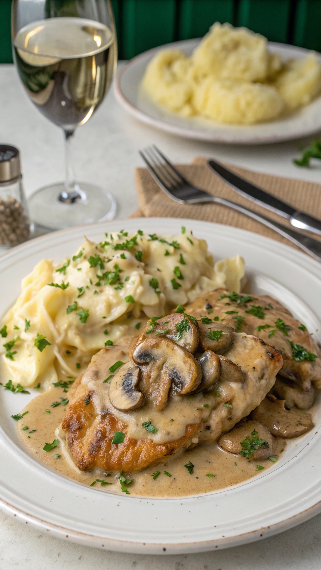 Creamy mushroom chicken served with mashed potatoes and garnished with parsley