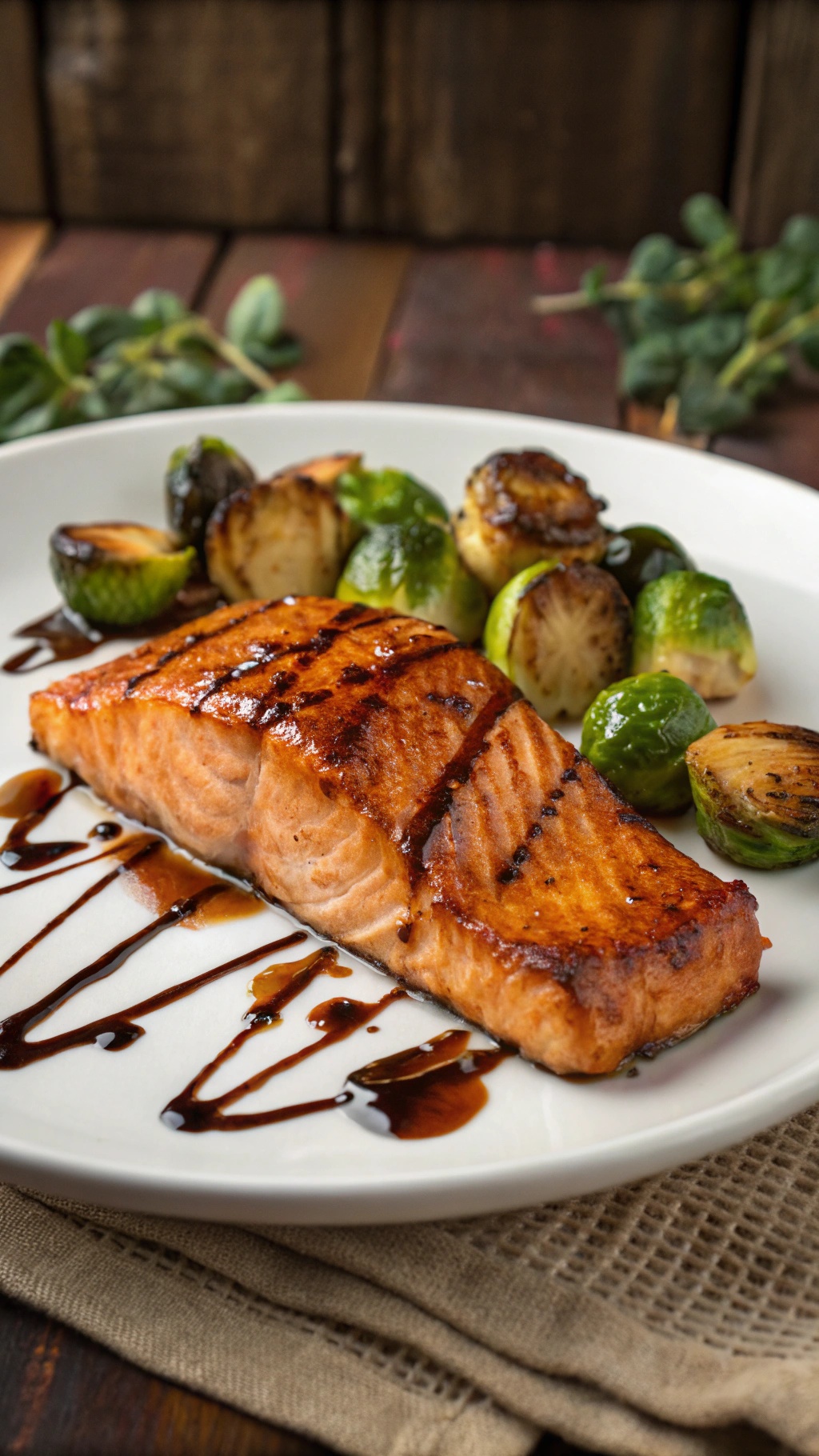 Maple-glazed salmon fillet with Brussels sprouts on a white plate