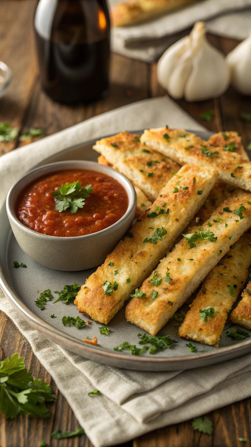 Plate of golden keto garlic breadsticks served with marinara sauce.