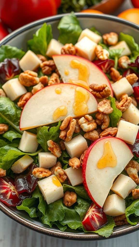 A colorful salad with greens, apple slices, cheese cubes, and walnuts in a bowl.