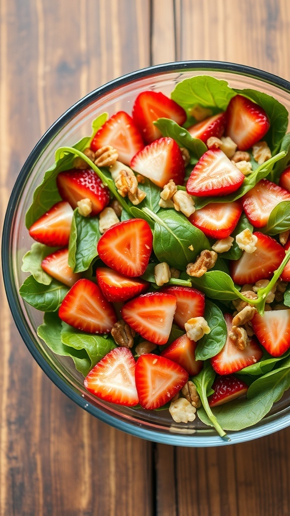 A colorful bowl of spinach salad topped with sliced strawberries and walnuts.