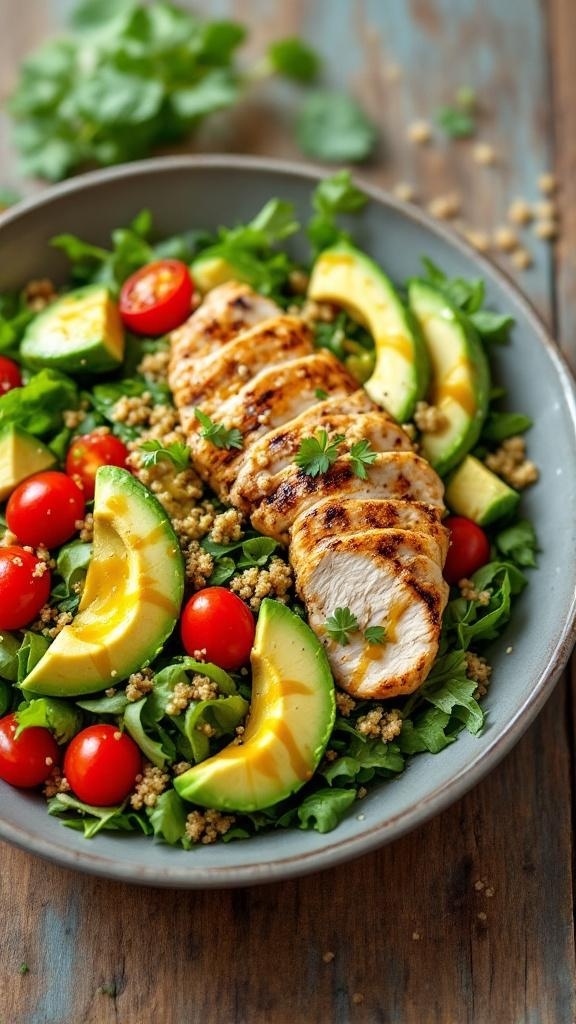 A colorful salad with grilled chicken, avocado, cherry tomatoes, and quinoa on a bed of greens.