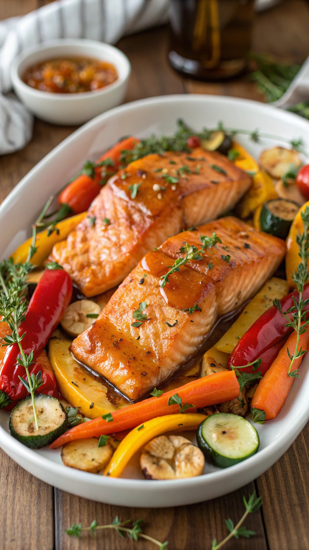 Maple-glazed salmon with roasted vegetables on a white plate
