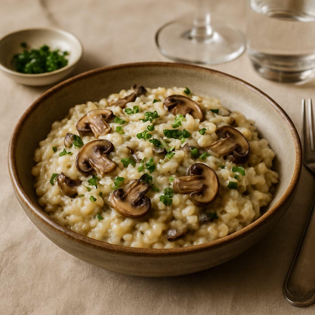 A bowl of creamy mushroom risotto topped with sliced mushrooms and chives.