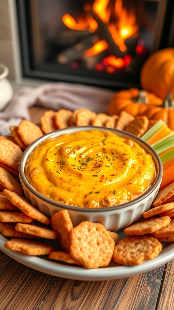 A bowl of cheesy pumpkin dip surrounded by crackers and celery sticks, with a fireplace in the background.