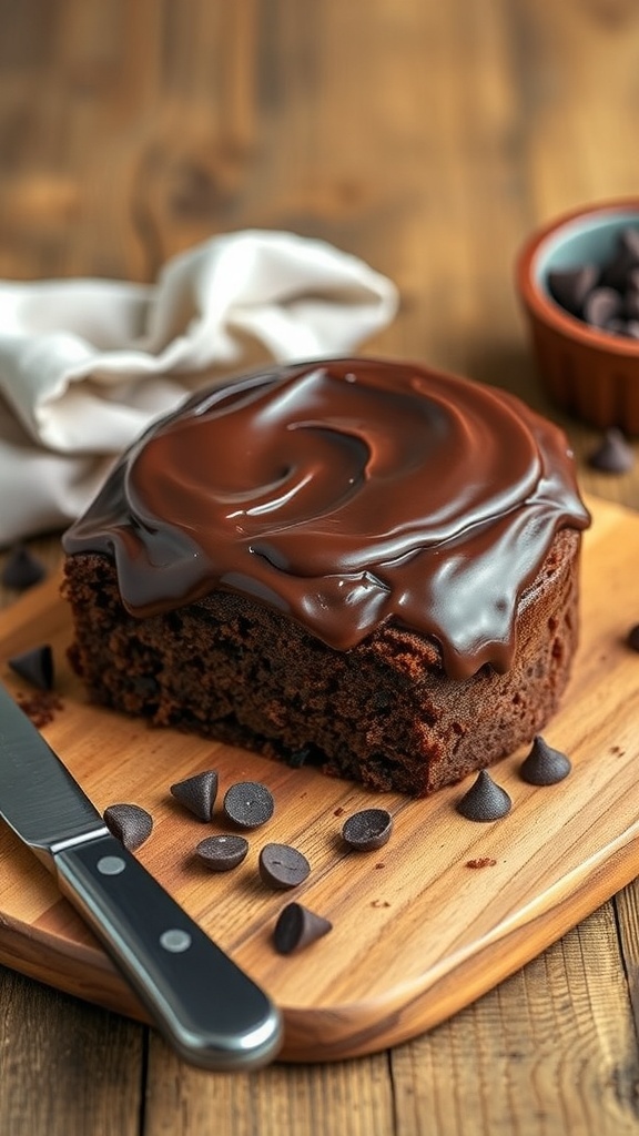 A slice of no-bake chocolate biscuit cake on a wooden board, topped with glossy chocolate icing and surrounded by chocolate chips.