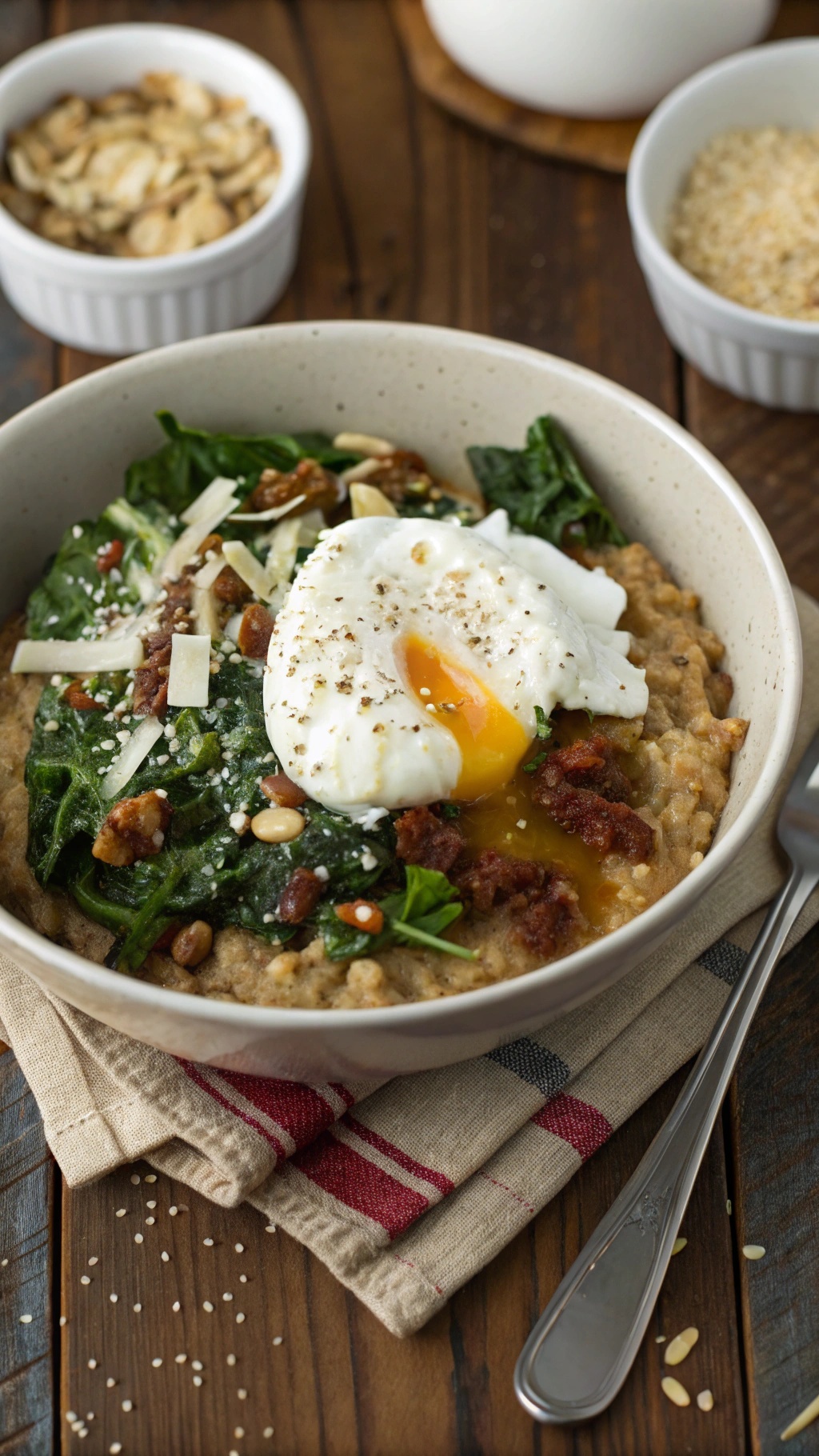 A savory oatmeal bowl topped with spinach, a poached egg, and cheese on a wooden table.