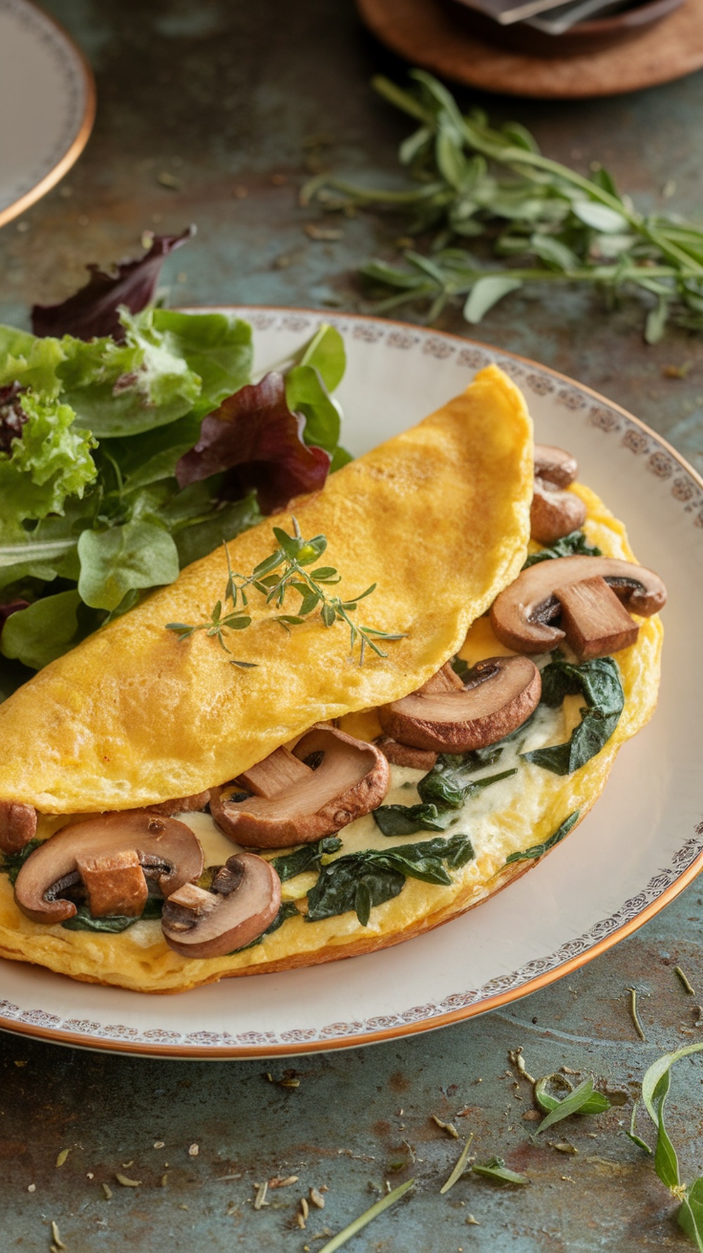 A savory omelette filled with spinach and mushrooms, served with a fresh salad.