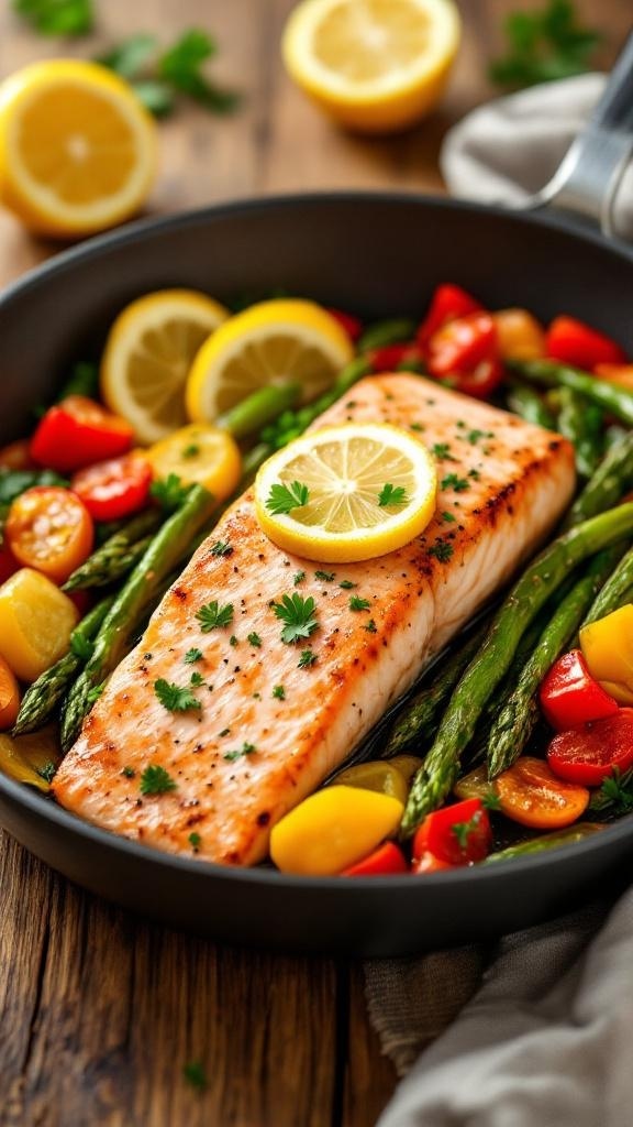 A beautifully plated one-pan lemon garlic salmon with asparagus and cherry tomatoes.