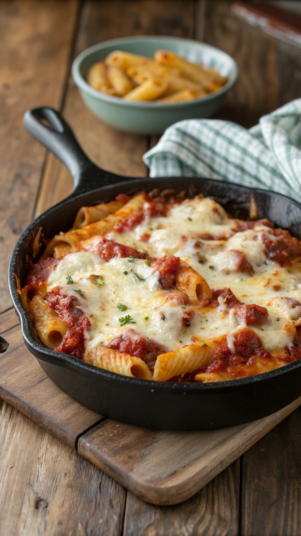 A cast-iron skillet filled with baked ziti topped with melted cheese and tomato sauce.