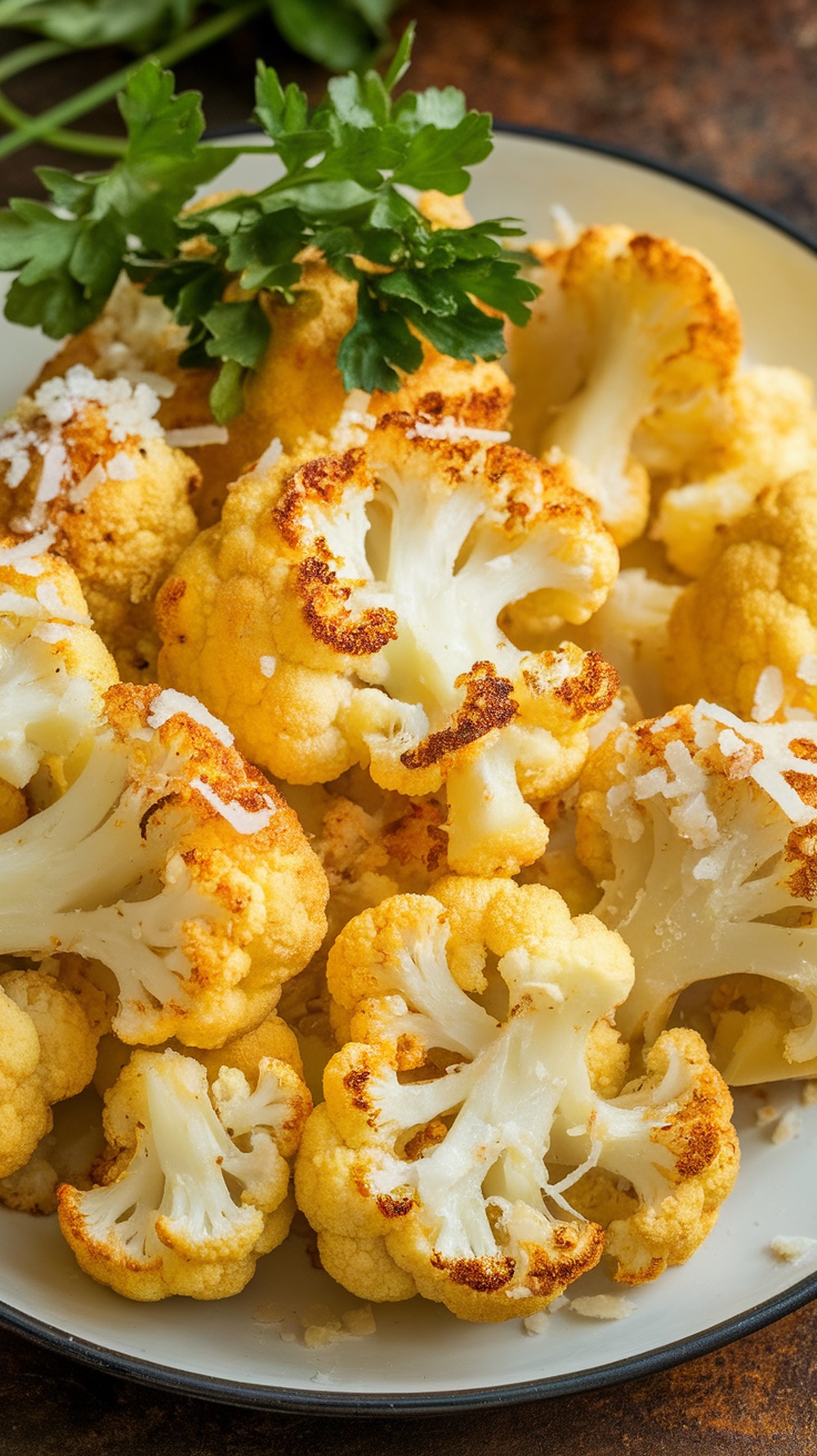 A plate of roasted cauliflower florets topped with Parmesan cheese and parsley.