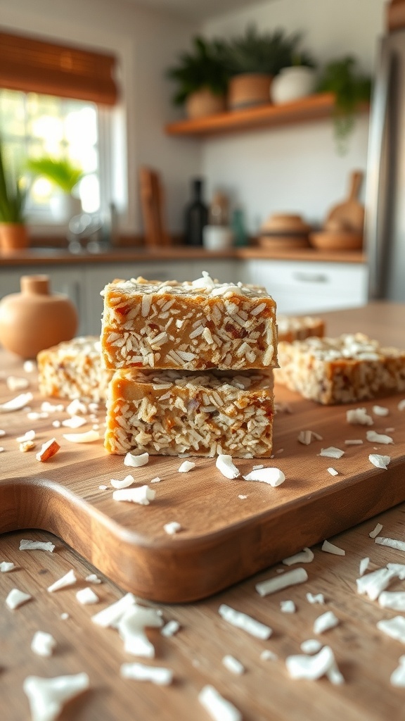 Savory peanut butter and coconut energy bars on a wooden board with shredded coconut scattered around.