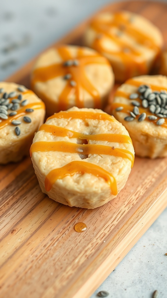 Savory Peanut Butter Banana Bites arranged on a wooden board with a drizzle of sauce and seeds on top.