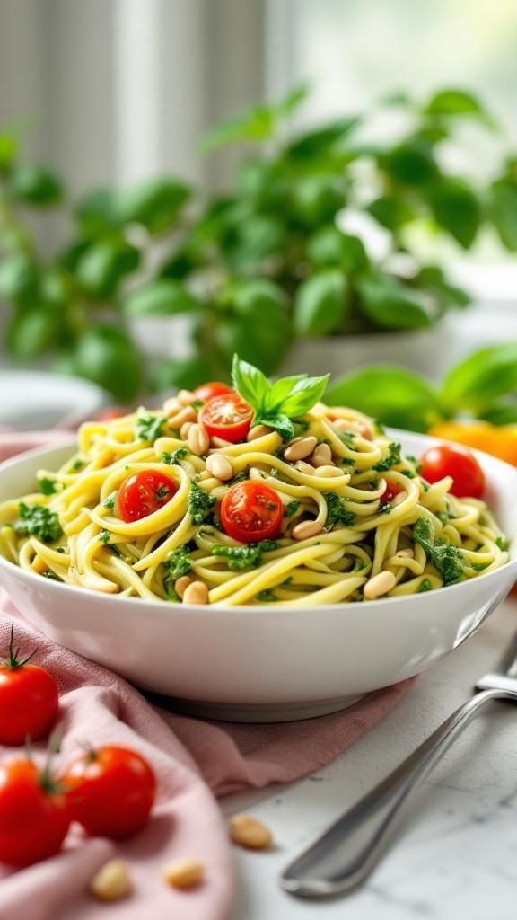 A bowl of pesto pasta with cherry tomatoes and pine nuts, garnished with basil.