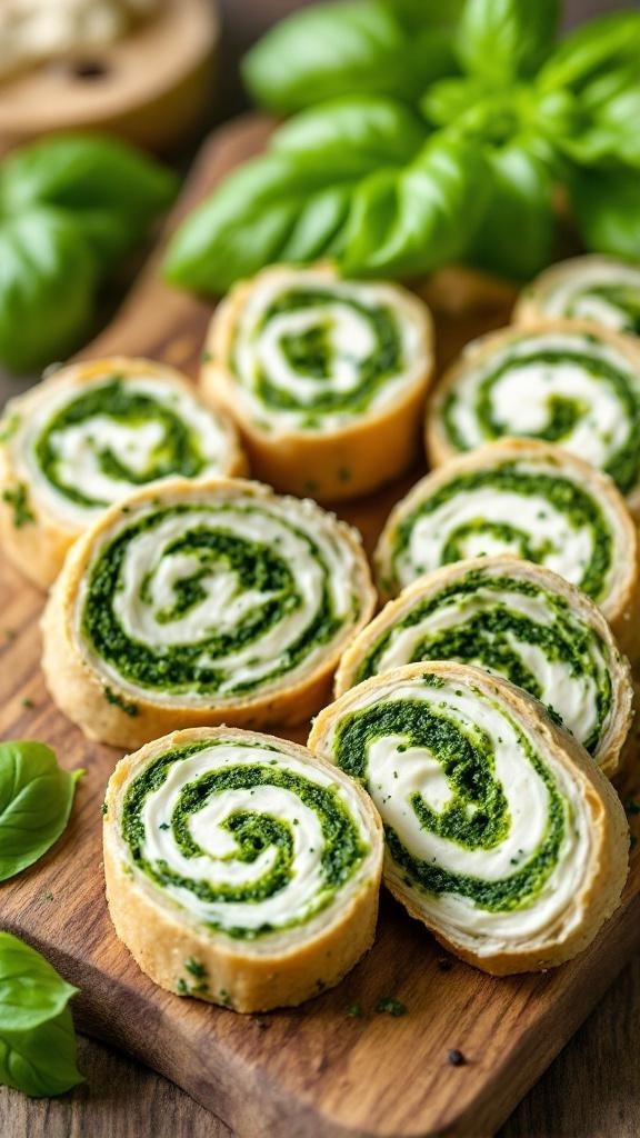 Savory Pesto Pinwheels on a wooden board, showcasing vibrant green swirls of pesto and cream cheese.
