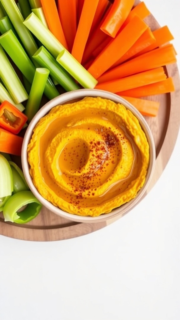 A bowl of pumpkin hummus surrounded by colorful vegetable sticks.