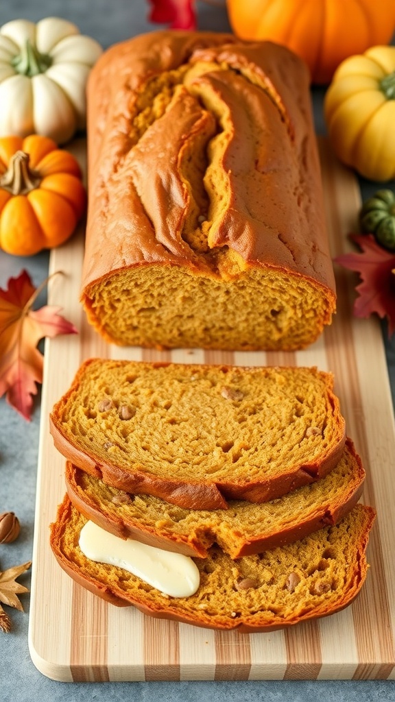 Savory pumpkin protein bread loaf with slices on a wooden board, surrounded by decorative pumpkins and autumn leaves.