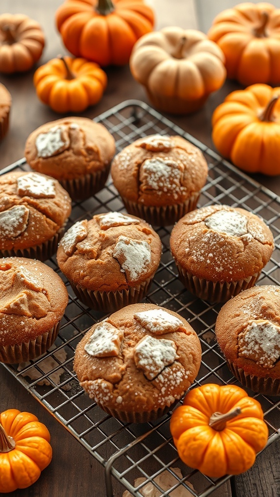 Savory pumpkin spice protein muffins on a cooling rack with mini pumpkins in the background.