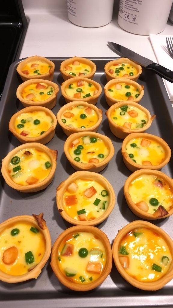 Savory quiche cups in a muffin tin with various fillings.