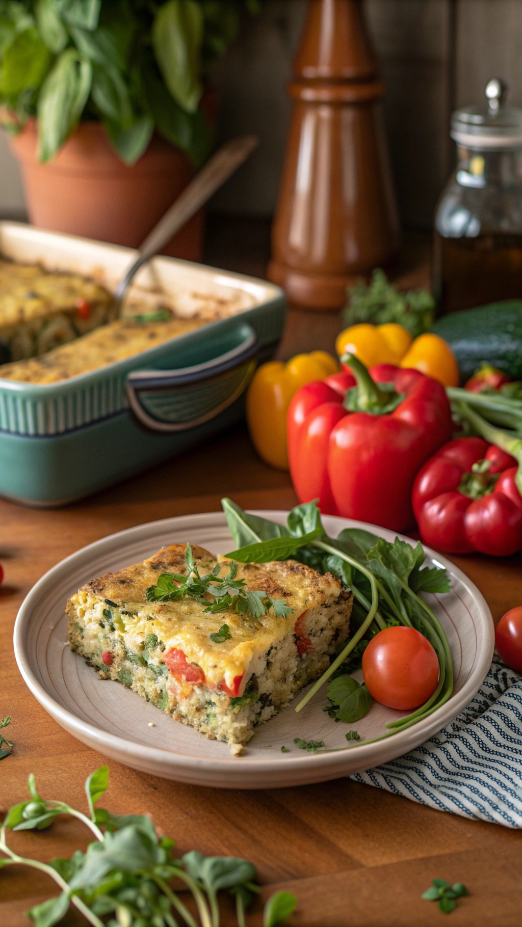 A slice of savory quinoa and veggie breakfast casserole on a plate, surrounded by fresh vegetables.