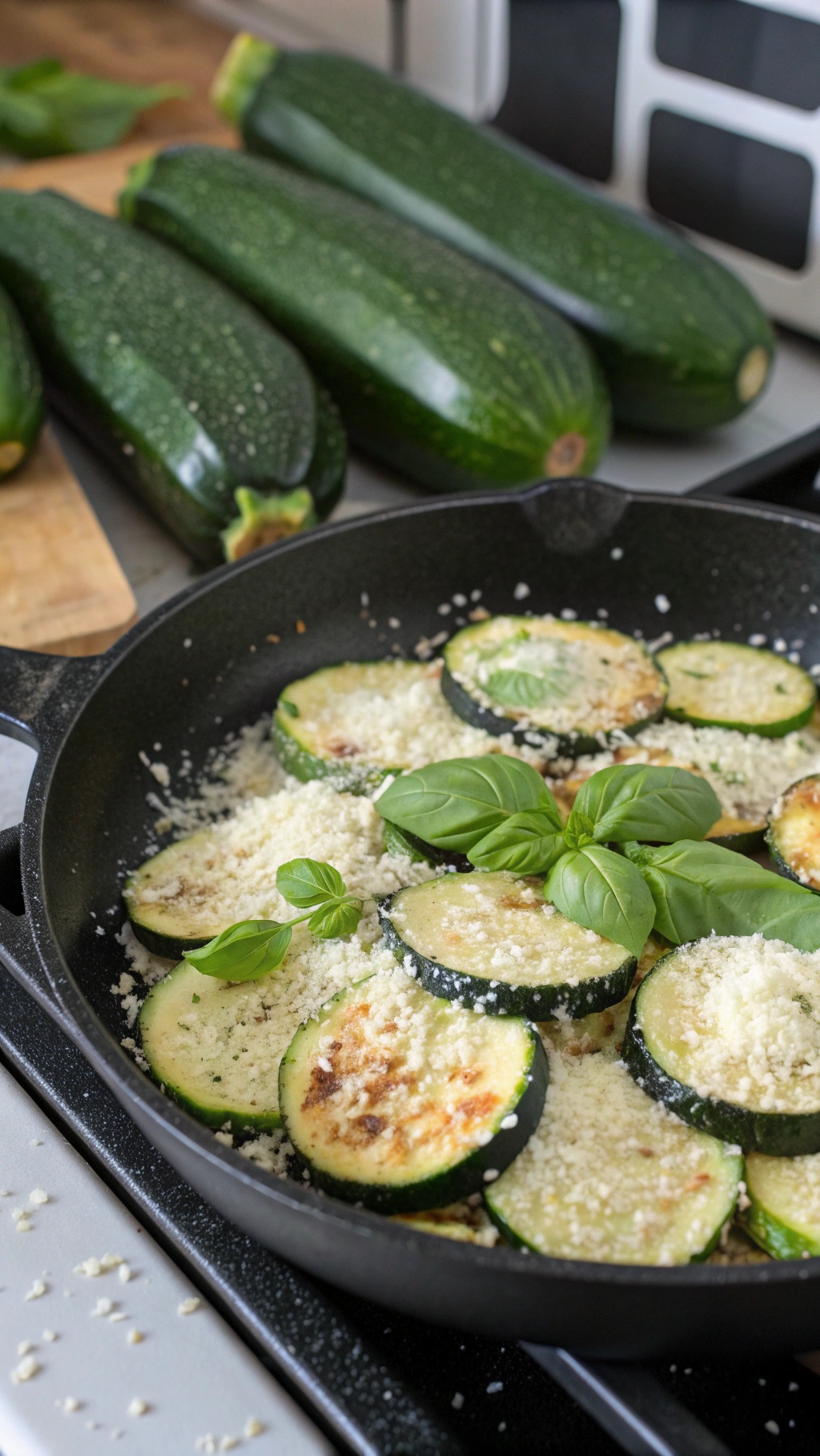 Sautéed zucchini with Parmesan cheese and fresh basil in a skillet