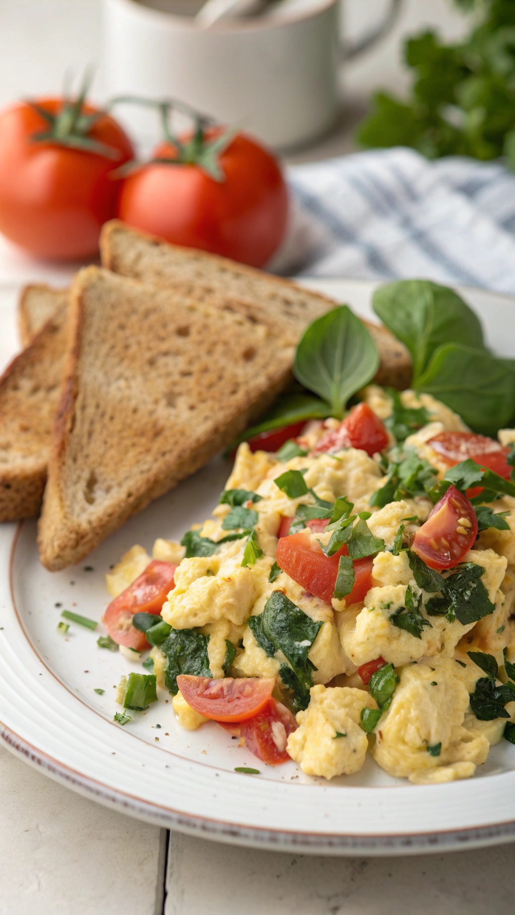 A plate of scrambled eggs with spinach and tomatoes, served with toast.