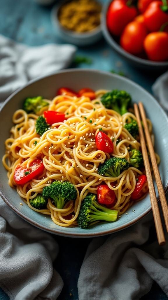 A bowl of shirataki noodles with broccoli and cherry tomatoes, garnished with sesame seeds.