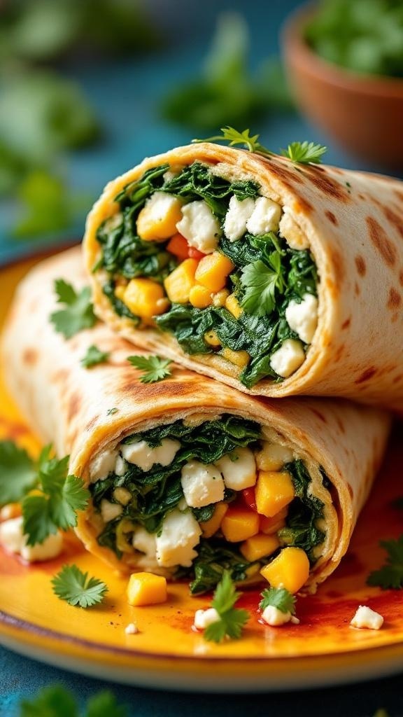 Savory spinach and feta breakfast burritos with mango and cilantro