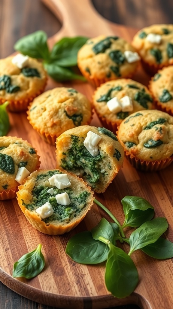 Savory spinach and feta breakfast muffins on a wooden board